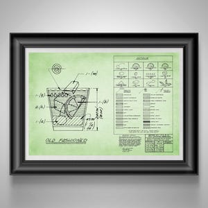 Old Fashioned Recipe Blueprint Mad Men Bourbon Bar Art, Speakeasy Decor, Gift for Bartender Lt Green