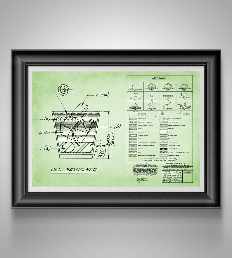 Old Fashioned Recipe Blueprint Mad Men Bourbon Bar Art, Speakeasy Decor, Gift for Bartender Lt Green