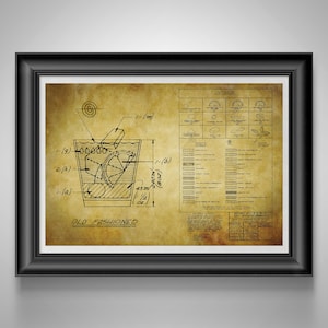 Old Fashioned Recipe Blueprint Mad Men Bourbon Bar Art, Speakeasy Decor, Gift for Bartender Gold