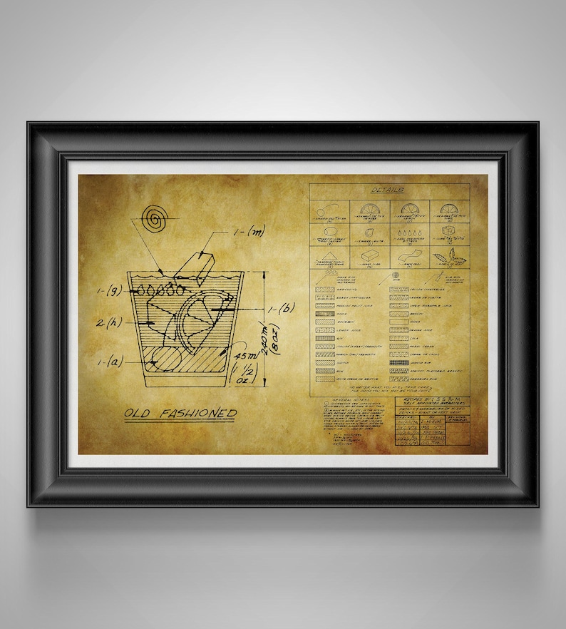 Old Fashioned Recipe Blueprint Mad Men Bourbon Bar Art, Speakeasy Decor, Gift for Bartender Gold