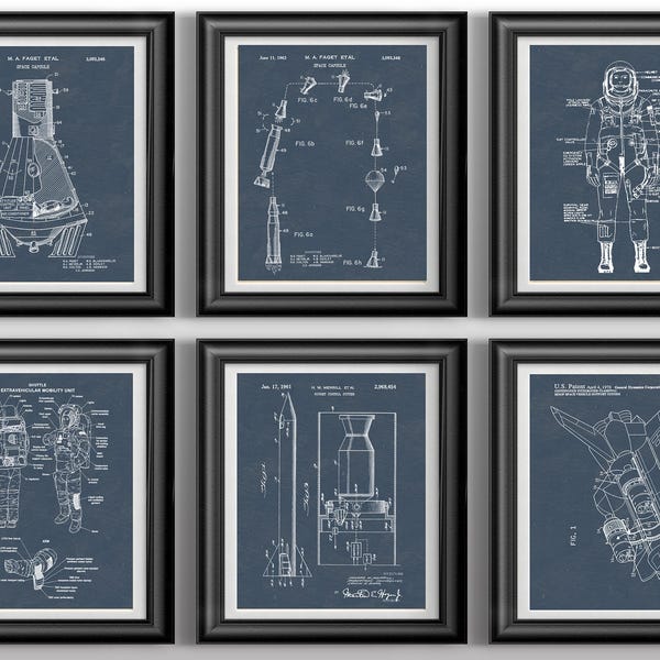 NASA Space Prints Moon Landing and Rocket Wall Decor Space Themed Nursery Art Teen Boy Spaceships Gift Set of 6