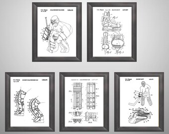 Hockey Patent Print Set, Ice Player Goalie Equipment Wall Art, Coach Fan Man Cave Gift Rink Decor