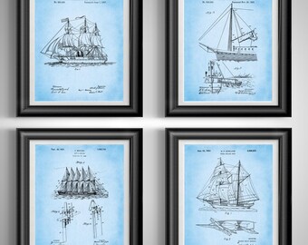 Nautical Sailing Ships Patent Print Set, Maritime History Wall Art, Sailor Captain Gift, Coastal Decor