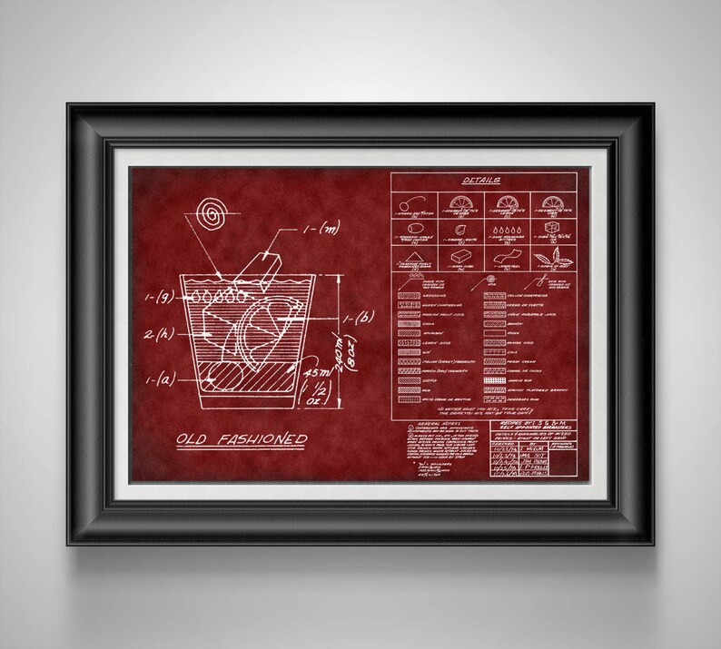 May include: A vintage-style blueprint illustration of an Old Fashioned cocktail recipe. The drawing shows a glass with ice cubes, a slice of orange, and a cherry. The blueprint includes measurements in inches and ounces. The text "OLD FASHIONED" is printed below the drawing.