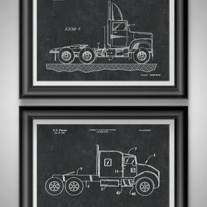 May include: Two framed patent prints featuring detailed white line drawings of semi-trucks on a dark background. The top print is labeled "Truck Storage Box" and the bottom print is labeled "Compact Auxiliary Power Generator". Both are framed in black.