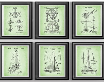 Sailboat Patent Print Set, Nautical Coastal Wall Art, Beach House Sailor Gift, Maritime Decor Poster