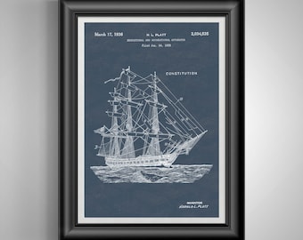 Navy Schooner Patent Print, Nautical Maritime Wall Art, Sailor Captain Gift, Coastal History Decor