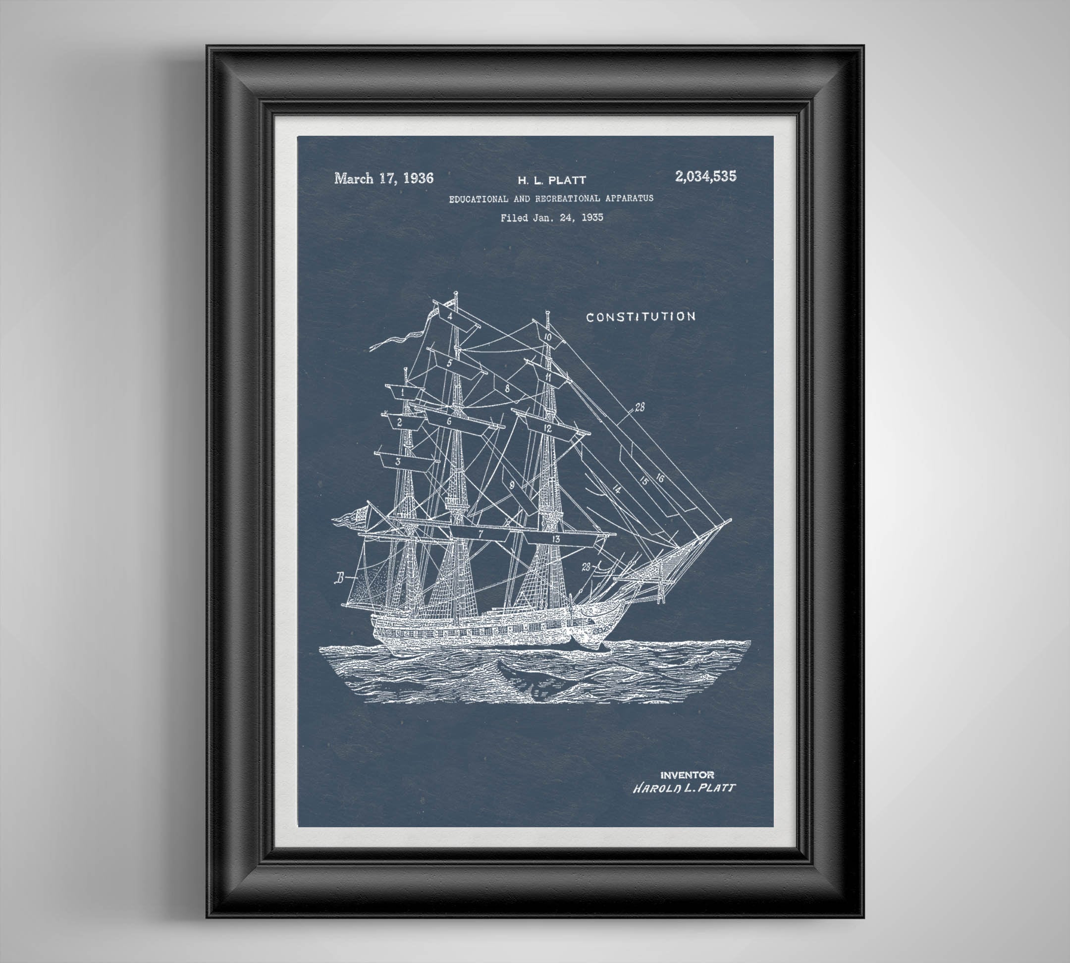 Navy Schooner Patent Print Maritime Wall Art Nautical Decor Coastal ...