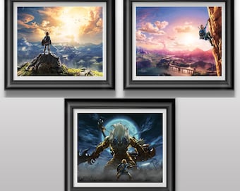 Zelda Breath of the Wild Print Set, Nintendo Fan Wall Art, Link Hyrule Gift, Gamer Room Decor Poster