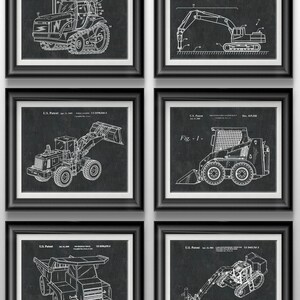 May include: A set of six black framed prints featuring vintage patent drawings of different types of construction equipment. The drawings are in white on a black background. The prints are arranged in two rows of three.