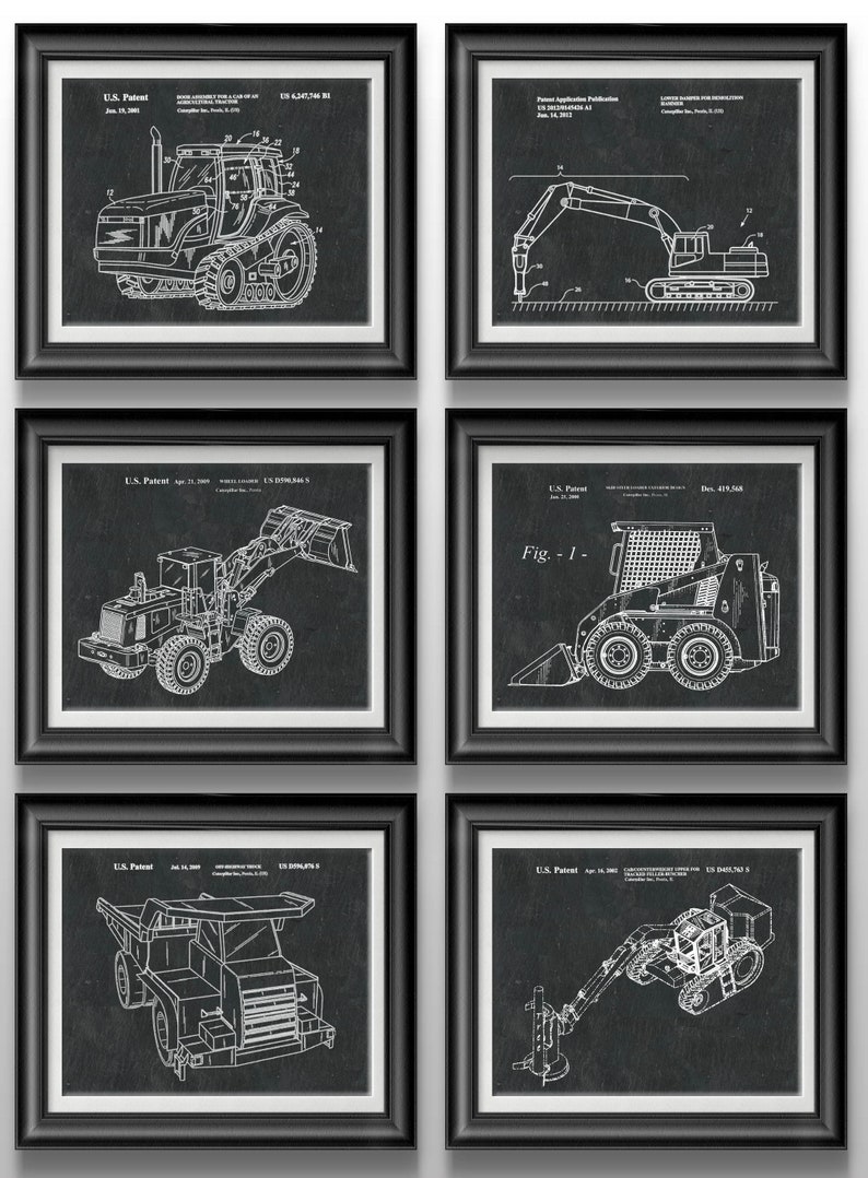 May include: A set of six black framed prints featuring vintage patent drawings of different types of construction equipment. The drawings are in white on a black background. The prints are arranged in two rows of three.