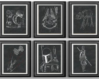 Star Wars Character Vehicle Print Set, Boba Fett Rey K-2SO Millennium Falcon AT-AT X-Wing Wall Art