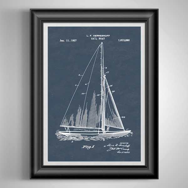 1927 Patent Print Nautical Decor Vintage Sailboat Artwork Sailing Art Beach Wall Art Gifts for Sailors Coastal Wall