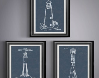 Nautical Lighthouse Patent Print Set, Coastal Beach House Wall Art, Sailor Maritime Gift Decor Poster