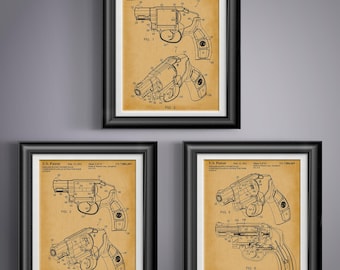 Gun Revolver Patent Print Set, Vintage Firearm Wall Art, Second Amendment Gift, Man Cave Western Decor