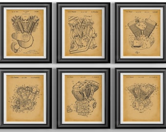 Motorcycle Engine Wall Art Set, Custom Cycle Garage Decor, Biker Mechanic Man Cave Gift Print Poster