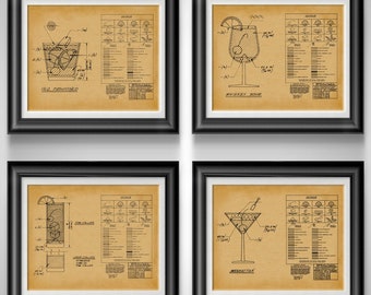 Vintage Cocktail Wall Art: Manhattan, Old Fashioned, Whiskey Sour & Tom Collins - Bar Decor Prints Set of 4