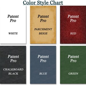 May include: A chart showing different color styles for a product called "Patent Pro". The colors include white, parchment beige, red, chalkboard black, blue, and green.