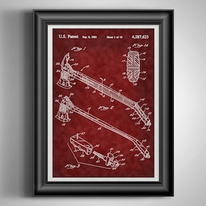 May include: Framed print of a patent illustration featuring a Halligan tool, a firefighter's tool. The diagram is in white on a deep red background, with the patent information at the top. The frame is black.