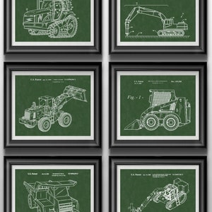 May include: A set of six framed green patent prints featuring different types of construction equipment. The prints are in black and white and show detailed drawings of the equipment. The prints are all framed in black frames.
