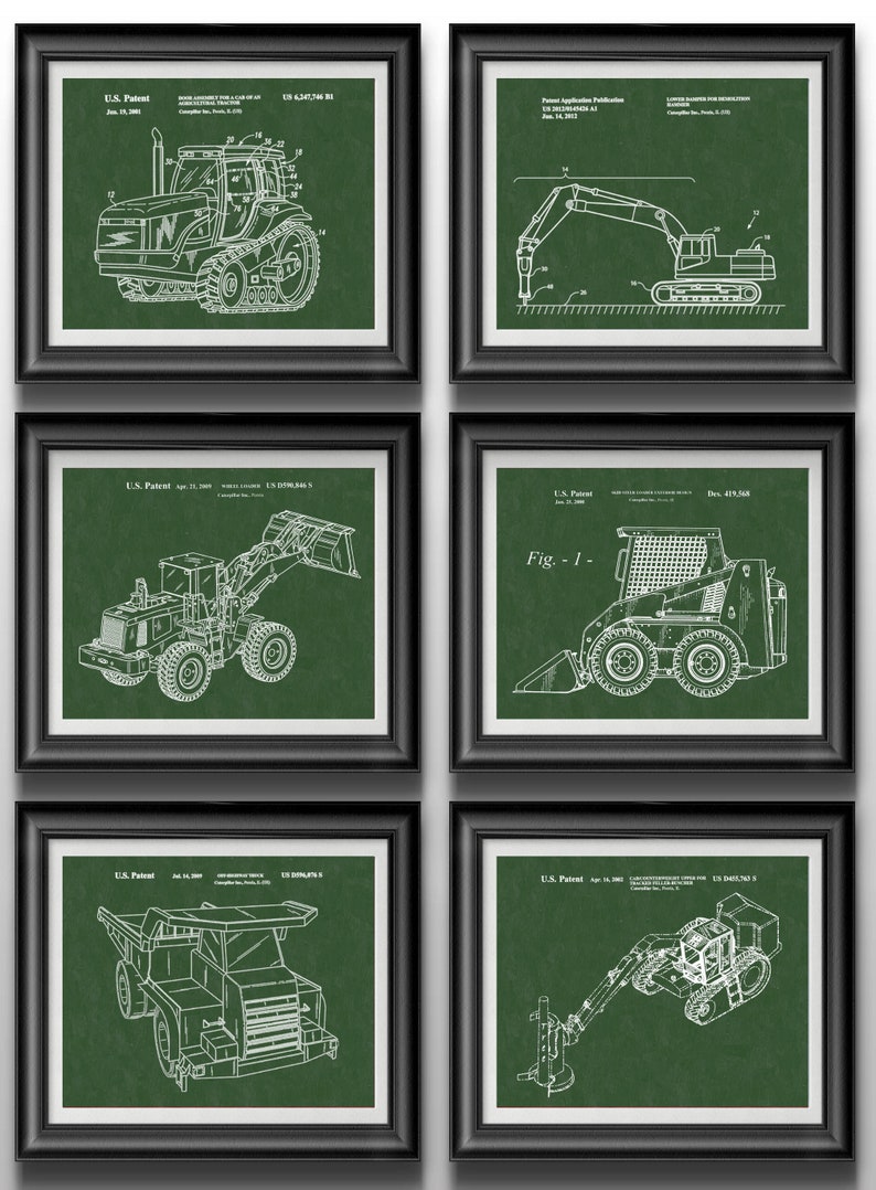 May include: A set of six framed green patent prints featuring different types of construction equipment. The prints are in black and white and show detailed drawings of the equipment. The prints are all framed in black frames.