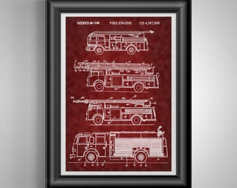 Fire Engine Patent Print, Fireman Nursery Wall Art, Baby Boy Toddler Room Decor, Firefighter Gift