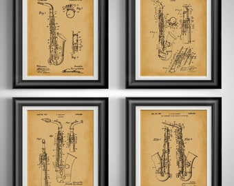 Saxophone Jazz Musician Gifts: Music Room Decor Art Prints for Music Teachers & Audiophiles Wind Instrument Bundle of 4