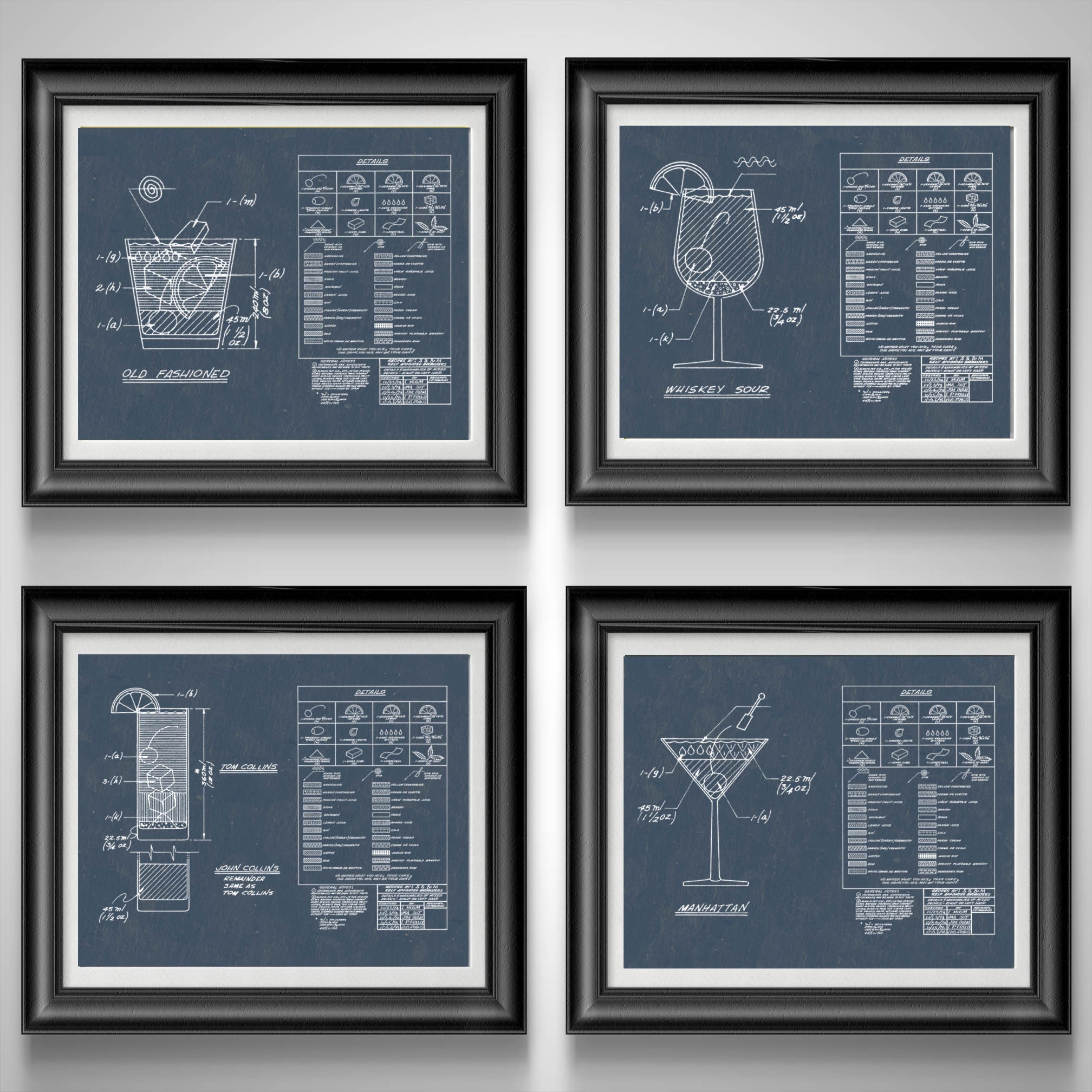 Cocktail Wall Art Manhattan Old Fashioned Whiskey Cocktail Poster Alcohol Gifts Whiskey Sour Restaurant Decor Gin Lover Gift Set of 4