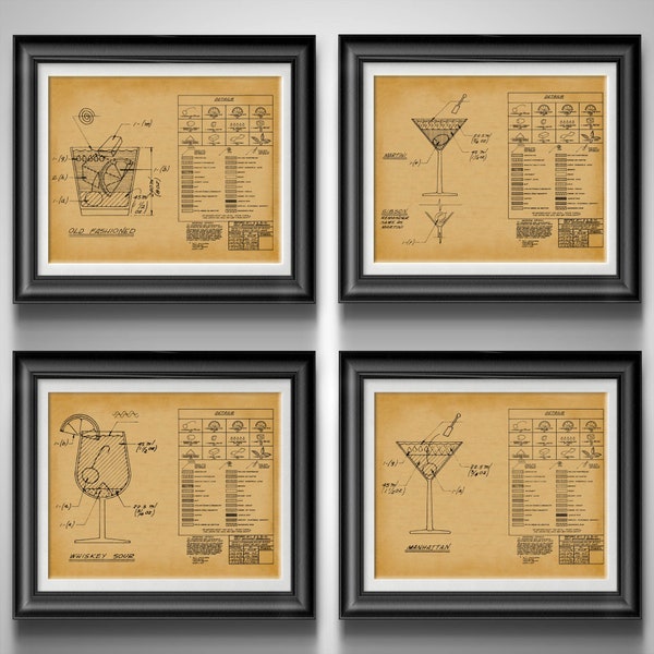 Old Fashioned Whiskey Cocktail Poster Foodie Gifts Cocktail Wall Art Alcohol Gifts Restaurant Decor Bartender Gifts Gin Lover Gift Set of 4