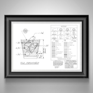 Old Fashioned Recipe Blueprint Mad Men Bourbon Bar Art, Speakeasy Decor, Gift for Bartender White