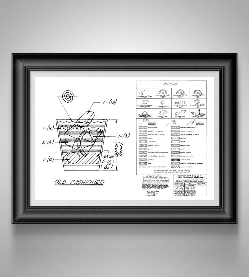 Old Fashioned Recipe Blueprint Mad Men Bourbon Bar Art, Speakeasy Decor, Gift for Bartender White