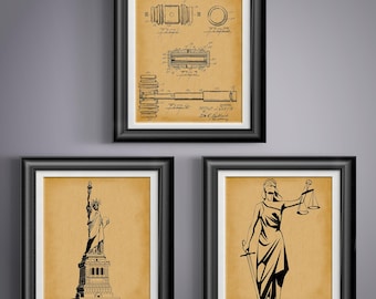 Gavel Patent Print Set, Lawyer Office Decor, Judge Gift, Law School Graduation Wall Art Legal Decor