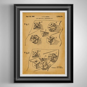 May include: A framed patent print on tan paper featuring black ink illustrations of various polyhedral dice labeled Fig. 1 and Fig. 2. The text includes Sept. 28, 1965, 3,208,754, F. F. S. Sieve, Dice Game with a Tetrahedron Die, and Inventor Fredda F. S. Sieve.