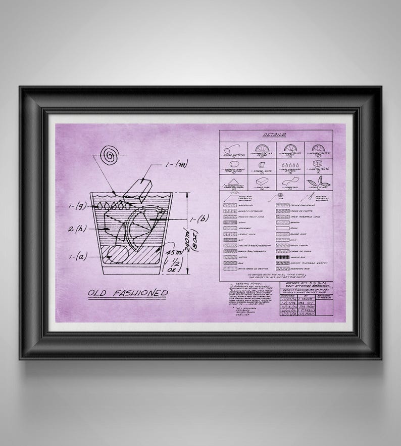 Old Fashioned Recipe Blueprint Mad Men Bourbon Bar Art, Speakeasy Decor, Gift for Bartender Purple