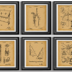 Architecture Poster Set of 6 Wall Art Engineer Gifts Mechanical Sketch Pencil Drafting Table Gift for Architect Draftsman Tools Protractor