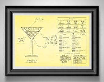 Daiquiri Cocktail Recipe Poster, Vintage Bar Wall Art, Mixologist Gift, Tropical Speakeasy Decor Print