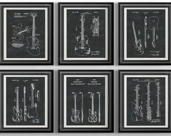 Guitar Patent Print Set, Musician Gift, Electric Acoustic Music Room Wall Decor, Rock Band Studio Art