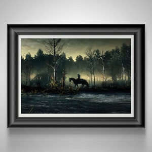 May include: A dark, moody illustration of a lone figure riding a horse through a misty forest. The scene is bathed in a soft, ethereal light, creating a sense of mystery and intrigue.