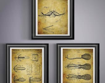 Barbershop Wall Art Set, Mustache Razor Shaving Brush Patent Print, Mens Bathroom Grooming Gift Decor