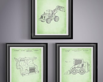 Construction Vehicle Patent Print Set, Dump Truck Dozer Front End Loader Nursery Wall Art Boy Decor