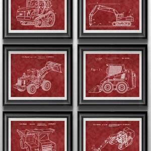 May include: A set of six vintage-style prints featuring red backgrounds and white line drawings of different types of construction equipment. The prints include a tractor, excavator, bulldozer, skid steer loader, dump truck, and a backhoe. Each print includes the text "U.S. Patent" and a patent number.