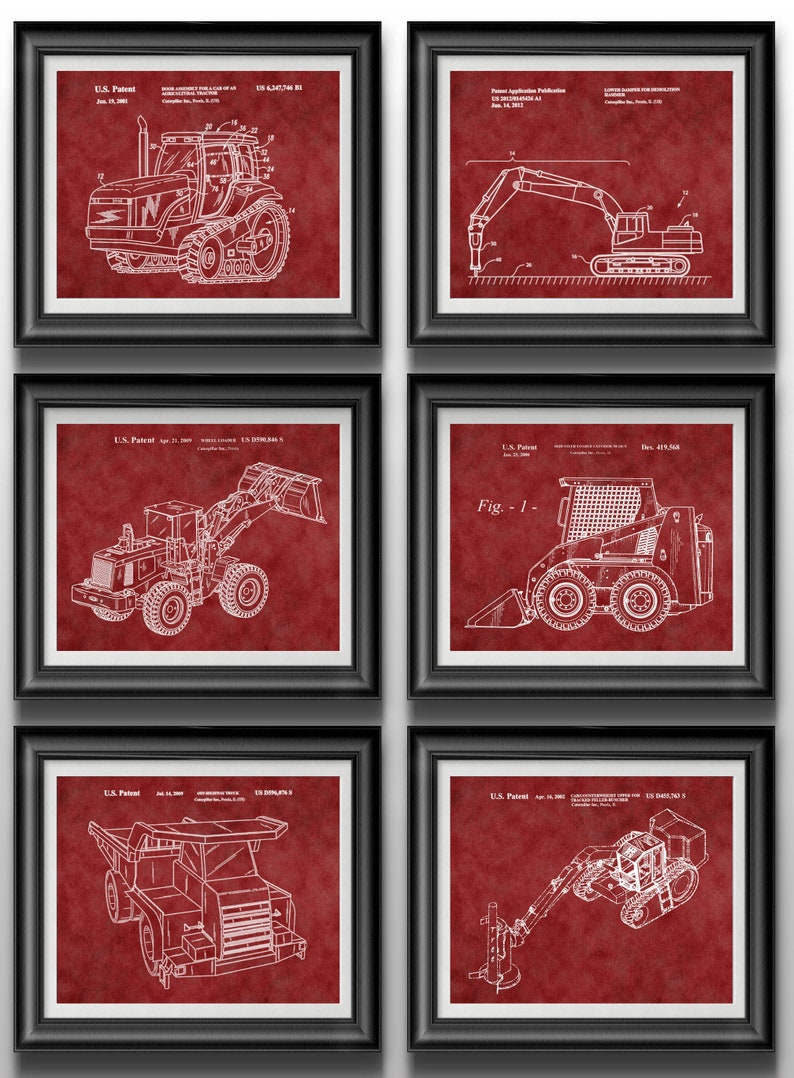 May include: A set of six vintage-style prints featuring red backgrounds and white line drawings of different types of construction equipment. The prints include a tractor, excavator, bulldozer, skid steer loader, dump truck, and a backhoe. Each print includes the text "U.S. Patent" and a patent number.