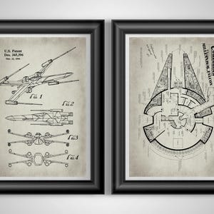 May include: Two framed prints featuring Star Wars blueprints. The left print shows an X-wing fighter with patent information. The right print displays the Corellian Millennium Falcon's schematics. Both prints are in black and white on a beige background.