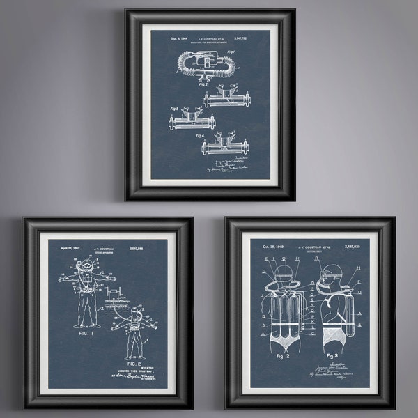 Jacques Cousteau Scuba Diving Scuba Diver Gift Scuba Art Scuba Gift Scuba Poster Scuba Print Set of 3