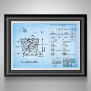 Old Fashioned Recipe Blueprint Mad Men Bourbon Bar Art, Speakeasy Decor, Gift for Bartender Lt Blue