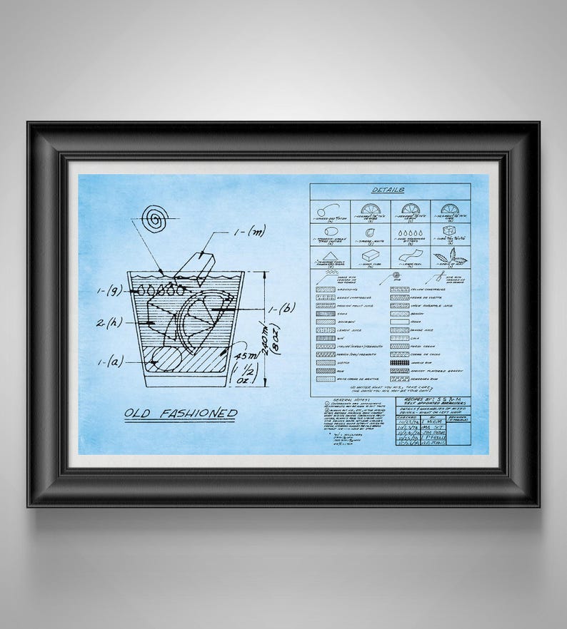 Old Fashioned Recipe Blueprint Mad Men Bourbon Bar Art, Speakeasy Decor, Gift for Bartender Lt Blue