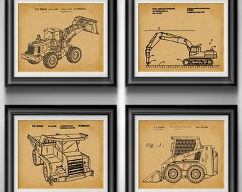 Construction Vehicle Patent Print Set, Dump Truck Dozer Loader Nursery Wall Art, Boy Toddler Decor Gift