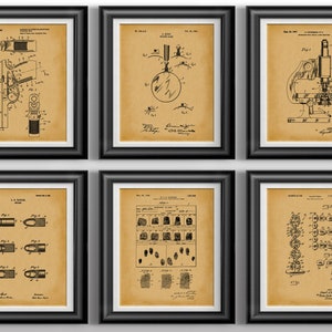 May include: Six framed vintage patent prints in black frames. The prints are on a beige background with black ink drawings of various inventions. The prints include a gun, a magnifying glass, a microscope, a bullet, a fingerprint, and a light bulb.