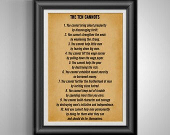 Ten Cannots Libertarian Political Art Print, Freedom Philosophy Wall Decor, History Office Gift