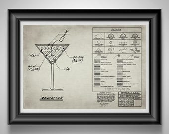Manhattan Whiskey Cocktail Blueprint Bartender Gift Educational Bar Wall Art Restaurant Decor